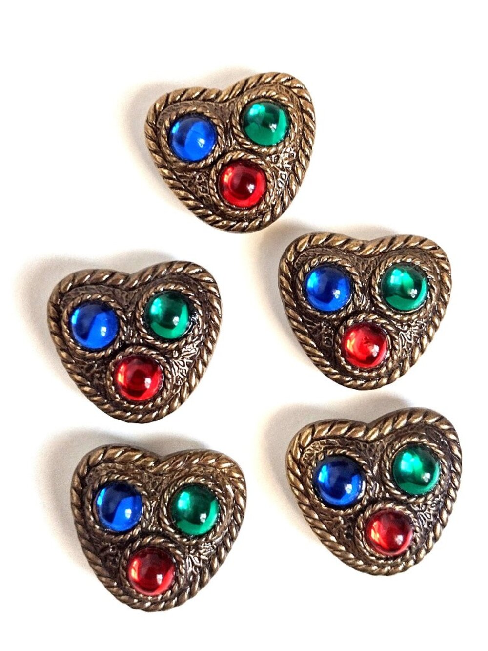 Vintage 80s Heart Button Covers Blue Green Red Acrylic Stones Rope Twist Border
